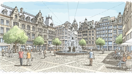 Bustling european market square architectural sketch