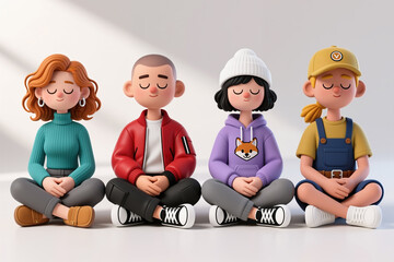 Cartoon characters in various outfits sit cross-legged, eyes closed, in a meditative pose, against a soft, white background with subtle shading.