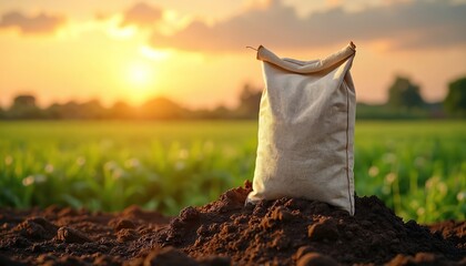 Sack stands on dirt mound with cultivated green field at sunset. Manure fertilizer in canvas bag improves garden growth. Agriculture business uses natural resources, farm soil with compost.