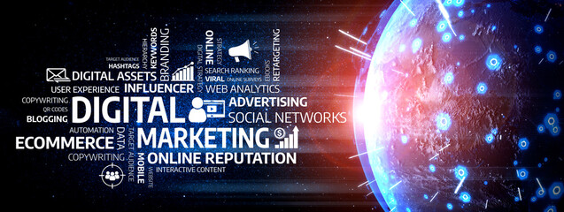 This image illustrates the essence of digital marketing with a focus on branding and advertising concepts alongside technology elements, showcasing modern marketing strategies. Tessel