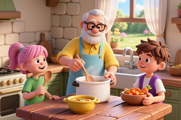 Older man and children preparing meal together in a cozy kitchen with a warm atmosphere and a sunny garden visible through the window.