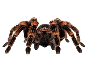 extreme macro close-up of a terrifying, large tarantula spider with dense reddish-brown setae and prominent black chelicerae, isolated against a seamless high-key white background, emphasizing