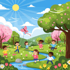 Obraz premium Children playing in a sunny spring meadow with a butterfly kite