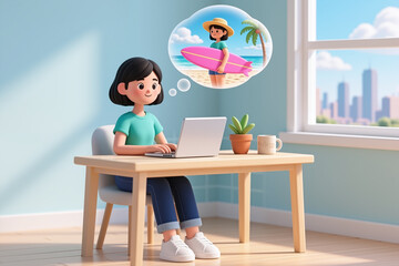 Woman sits at desk with laptop, lost in thought of tropical beach with surfboard and palm tree, cityscape visible through window behind her.