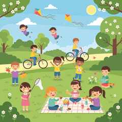 Fototapeta premium Children's park picnic and kite flying fun