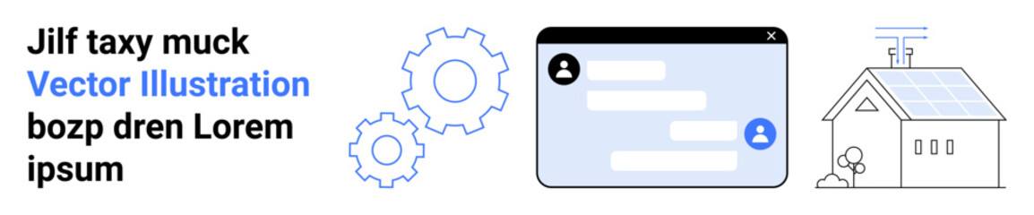 Fototapeta premium Digital tools, remote communication, smart home, automation, technology integration, system settings. Graphic includes messaging interface, gear icons and smart home outline. Remote communication