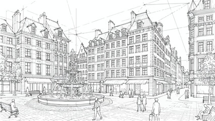 Obraz premium Classic european city square with fountain and buildings
