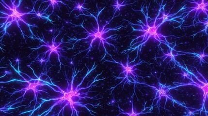 Fototapeta premium A vibrant, abstract illustration of interconnected neurons glowing in blue and purple tones.