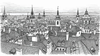 Obraz premium Aerial view of historic city rooftops and church spires