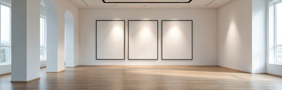 Spacious art gallery presents three large blank frames on white wall. Empty pictures on display. Light wooden floor interior. Architectural design with arches spotlights.
