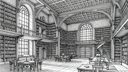 Obraz premium Classic grand library interior with wooden bookshelves