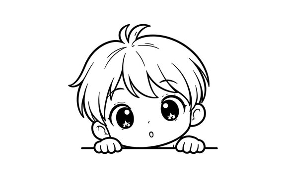Cute anime boy peeking over a surface with big expressive eyes and a surprised expression