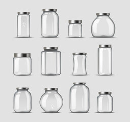 3D glass jars. Glass containers with metal lids for food preservation, canning and storage. Empty clear bottles and pots of different shapes. Realistic vector illustrations isolated on background