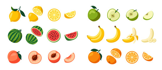 Fruit icon set. Sticker with whole and sliced banana, orange, lemon, apple, watermelon and peach. Organic food for smoothies and juices. Cartoon vector illustration collection isolated on background