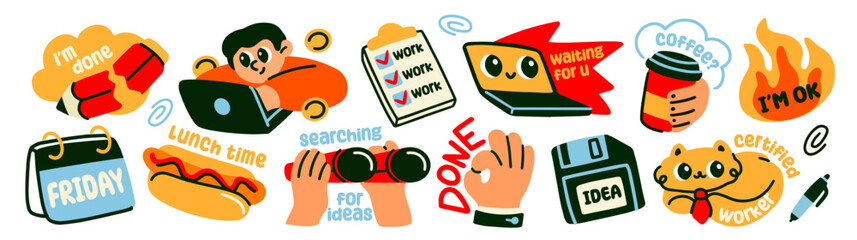 Set of office life stickers. Doodle patches with workflows and funny phrases. Business planning, deadline, coffee break, and brainstorming. Hand drawn vector illustrations isolated on background