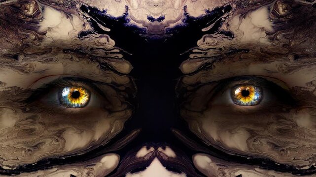 A mystic woman's face close-up with colorful eyes and patterns of dripping black paint on her face. Mysterious female gaze. Glowing eyes in the darkness. Creative 4k time-lapse video.