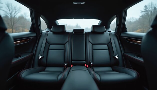 Black leather car seats in vehicle. Rear seats with headrests, seatbelts. Interior with luxurious design, detail. Modern automotive, transport, ride, travel concept. Comfortable, safe car seats.