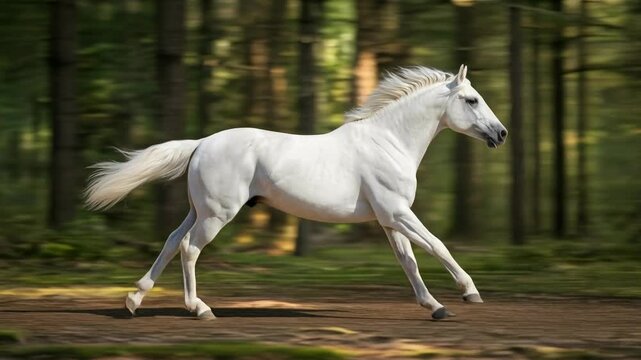 A white arabian horse galloping full speed in a forest in a looping animation