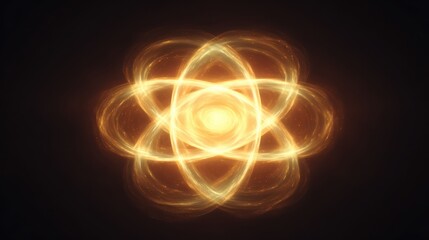 Naklejka premium Radiant golden abstract design resembling atomic structure on a dark background.