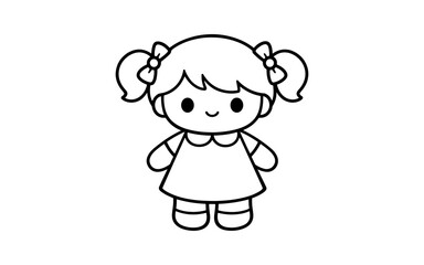 Obraz premium Cute cartoon girl with pigtails and bows, simple line art illustration