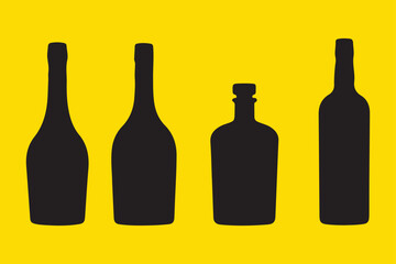 Modern Alcohol Bottle Silhouettes Isolated on Yellow Background Illustration
