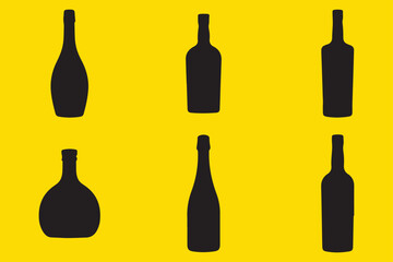 Black and White Liquor Bottle Silhouette Shapes on Yellow Background Illustration
