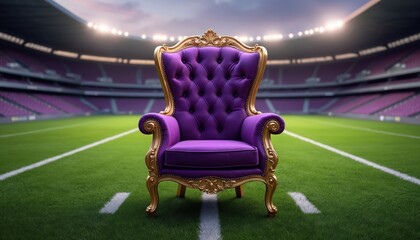 Ornate purple armchair with gold trim sits on a green stadium field. Empty seats in background, concept VIP access, luxury sports experience.
