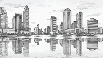 Fototapeta premium Modern city skyline reflection on calm water sketch