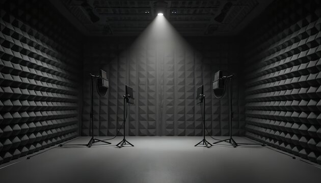 Soundproof room with acoustic foam panels absorbs noise for audio recording. Studio space uses sound insulation for podcasts, voiceovers. Black grey color scheme, soft spotlight above, media