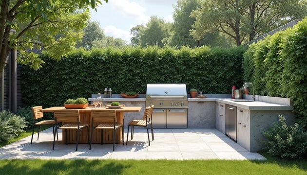 Modern outdoor kitchen design in backyard. Stone countertop with built in grill. Lush green hedge surrounds patio with wooden table and chairs. Summer relaxation and cooking illustration.