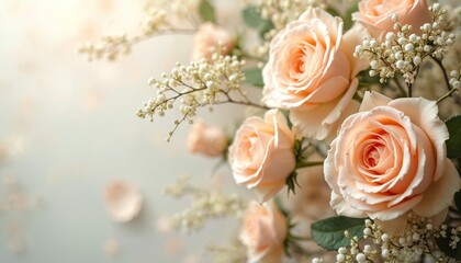 Delicate peach roses bloom with soft petals. White flowers complement gentle hues. Floral arrangement creates elegant backdrop. Romantic beauty ideal for wedding themes, graceful blossom texture