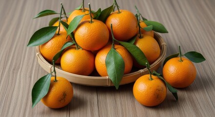 Oranges in a Wooden Bowl with Leaves.