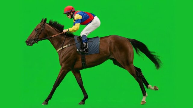 A jockey riding a horse galloping at a full speed isolated on a green screen background