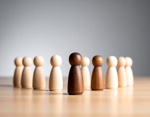 Wooden figures arranged in a circle with one dark figure standing out in the center.