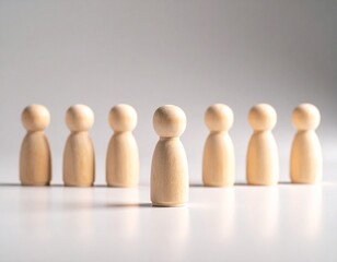 Wooden figures standing in a row symbolizing teamwork leadership and human connection.