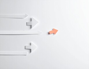 One red arrow pointing right standing out from several white arrows pointing left symbolizing individuality and unique direction.