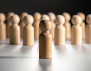 Single wooden figure stands out from a crowd of identical figures.