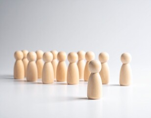 Wooden peg people figures arranged in a group with one figure standing apart.