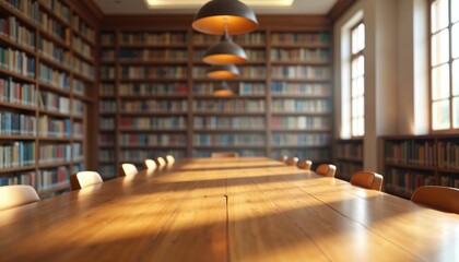 Library interior photo with long wooden table surrounded by chairs and bookshelves with books. Ceiling lights illuminate the setting creating warm atmosphere. Education meeting place.