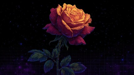 Single vibrant rose with deep red and orange hues against a dark starry background.