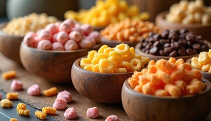 Variety of colorful cereal snacks in wooden bowls. Healthy eating concept includes different shapes and flavors. Processed foods shown, food industry visual for advertisements.