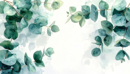 Soft watercolor eucalyptus leaves border for wedding invitation and greeting card background in Scandinavian style.