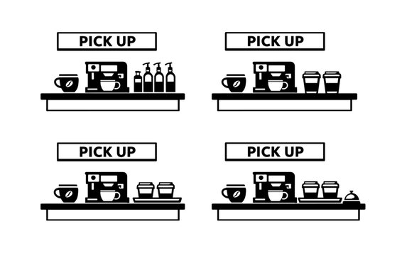 Coffee shop pickup layout with beverage station and pastry dome
