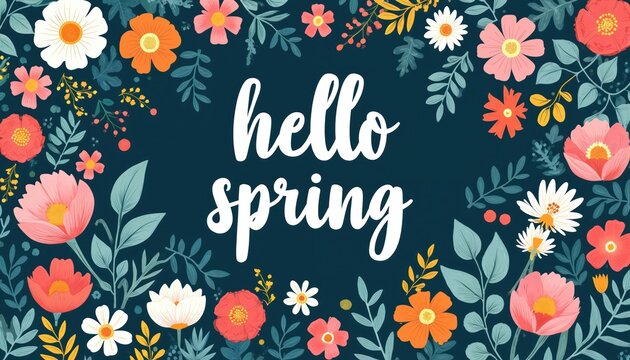 Floral pattern with text hello spring. Colorful blooming flowers and green leaves on dark background. Seasonal nature design for greeting card.
