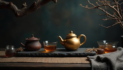 Elegant still life of traditional oriental tea set. Golden teapot, brown ceramic kettle near cups. Tea ceremony composition with dark background shows zen relax, traditional calmness. Rustic branch