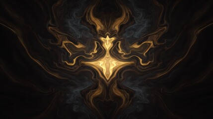 An abstract design featuring fluid shapes and golden hues on a dark background.