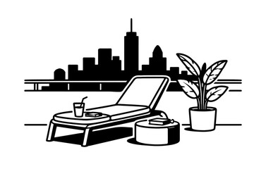 Naklejka premium Urban rooftop lounge with city skyline and relaxing sunbed