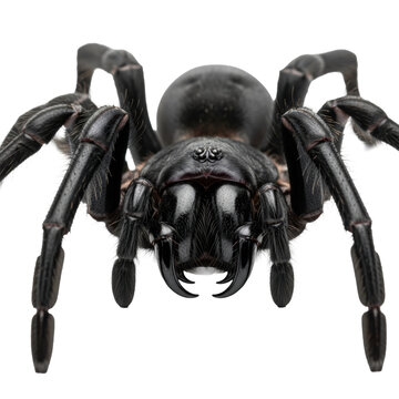 a massive black venomous spider with a reflective chitinous exoskeleton and prominent, glistening fangs displayed aggressively, isolated against a sterile white background. Intense arachnophobia