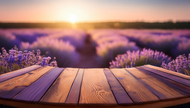 Wooden Podium In A Lavender Field At Sunset With Soft Light