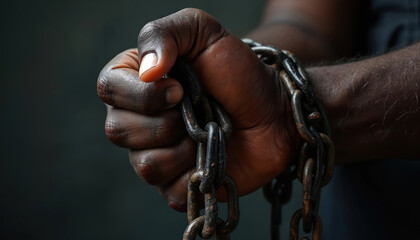 Dark skinned person with chained hands. Heavy metal chains bind human arm. Concept shows imprisonment bondage abuse. Symbol of slavery violence injustice exploitation deprivation of rights. Close up.